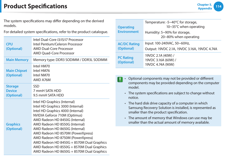 Product specifications | Samsung NP470R5E-K02UB User Manual | Page 115 / 120