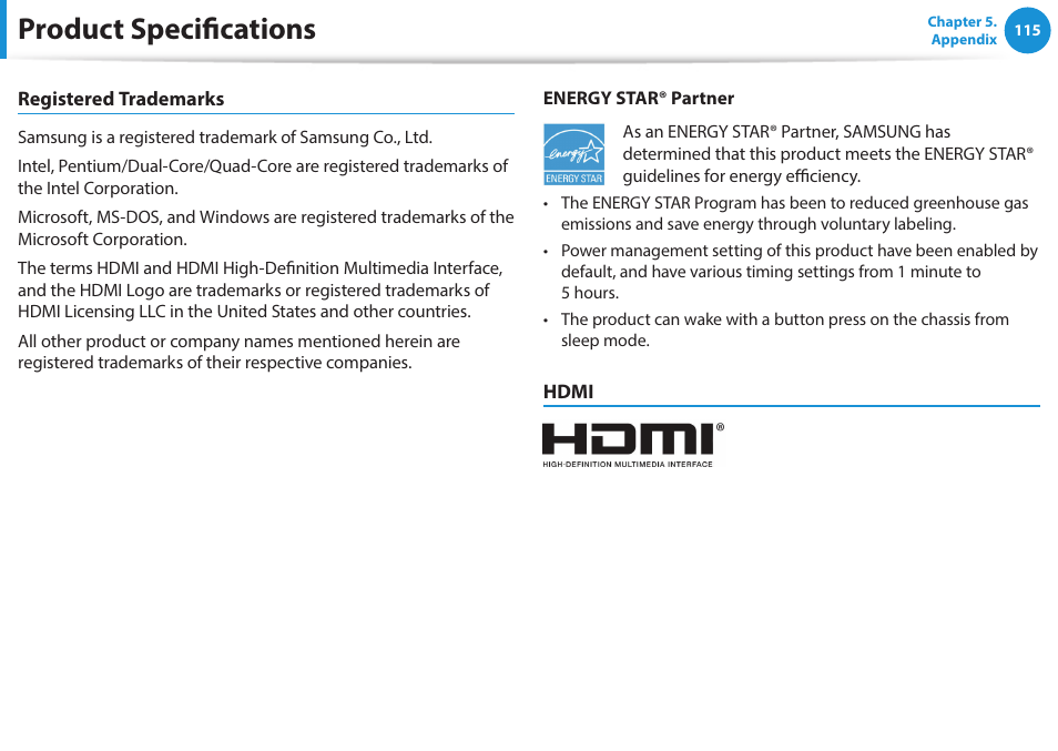 Product specifications | Samsung NP470R5E-K02UB User Manual | Page 116 / 120