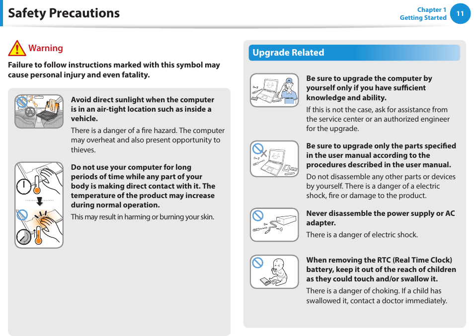 Safety precautions, Upgrade related, Warning | Samsung NP470R5E-K02UB User Manual | Page 12 / 120