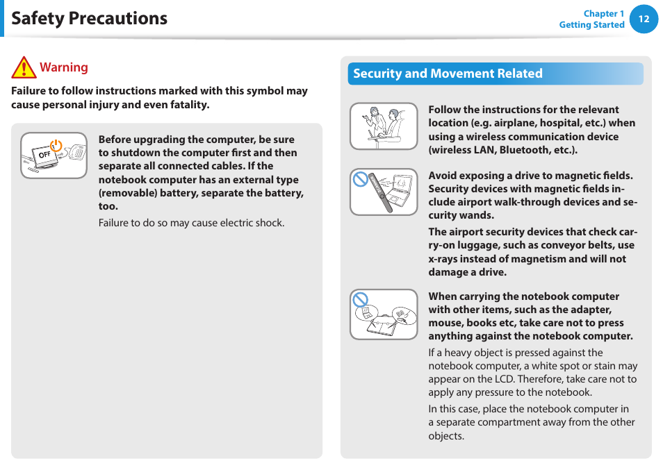 Safety precautions, Security and movement related, Warning | Samsung NP470R5E-K02UB User Manual | Page 13 / 120