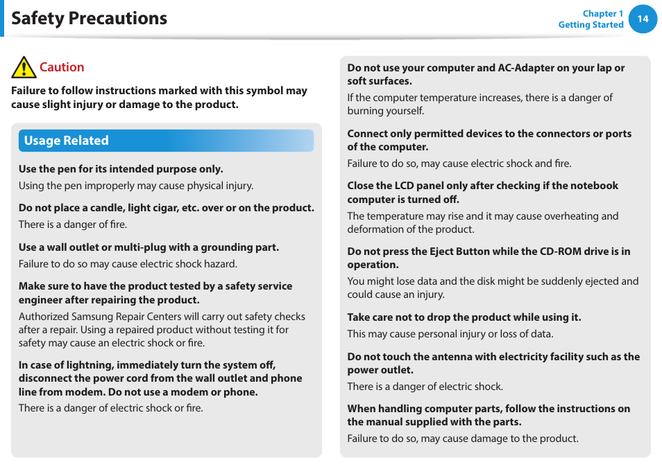 Safety precautions, Usage related, Caution | Samsung NP470R5E-K02UB User Manual | Page 15 / 120