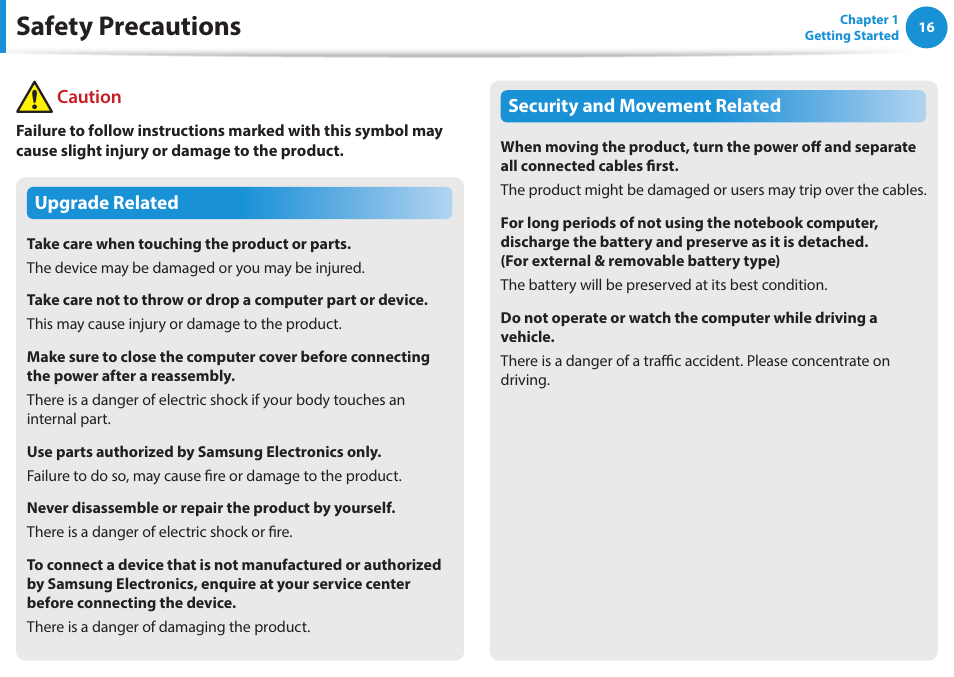 Safety precautions | Samsung NP470R5E-K02UB User Manual | Page 17 / 120