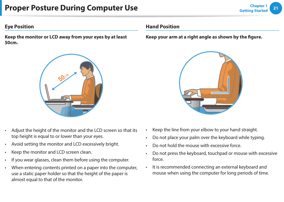 Proper posture during computer use | Samsung NP470R5E-K02UB User Manual | Page 22 / 120