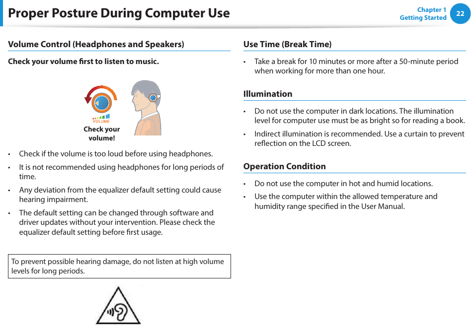 Proper posture during computer use | Samsung NP470R5E-K02UB User Manual | Page 23 / 120