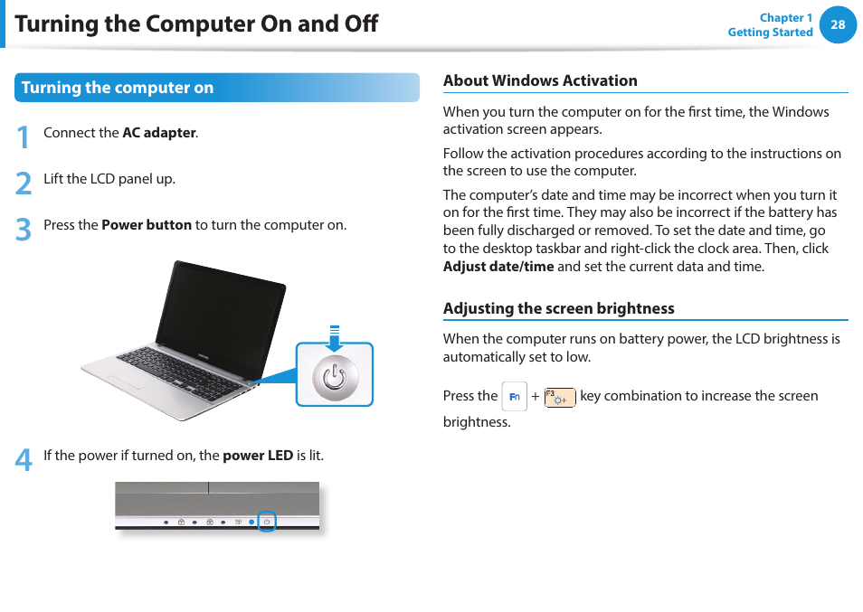 Turning the computer on and off | Samsung NP470R5E-K02UB User Manual | Page 29 / 120