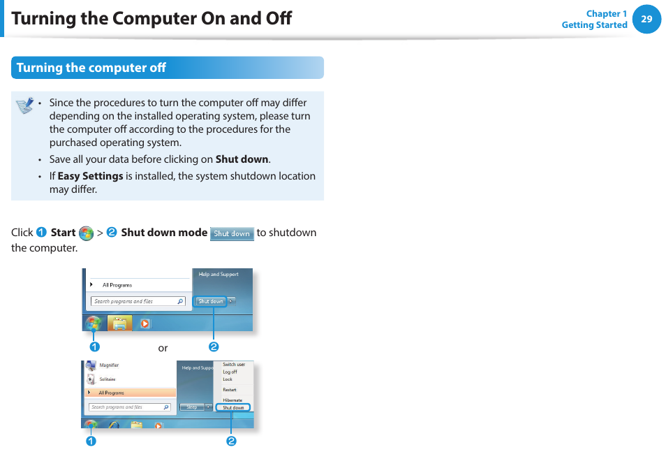 Turning the computer on and off | Samsung NP470R5E-K02UB User Manual | Page 30 / 120