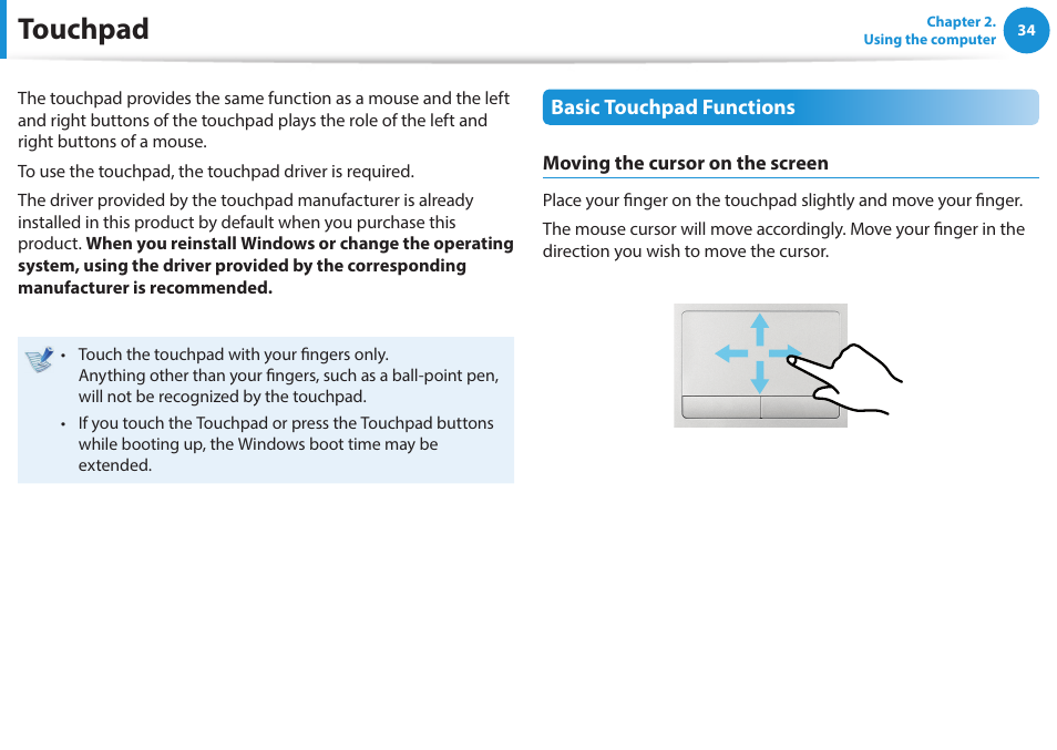 Touchpad | Samsung NP470R5E-K02UB User Manual | Page 35 / 120