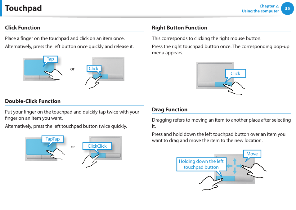 Touchpad | Samsung NP470R5E-K02UB User Manual | Page 36 / 120