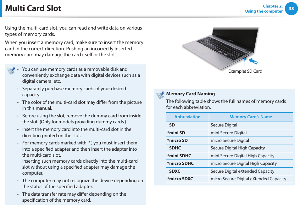 Multi card slot | Samsung NP470R5E-K02UB User Manual | Page 39 / 120