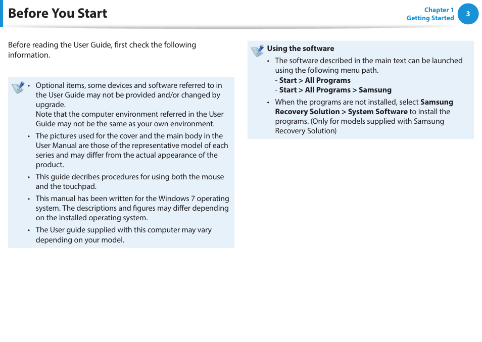 Before you start | Samsung NP470R5E-K02UB User Manual | Page 4 / 120