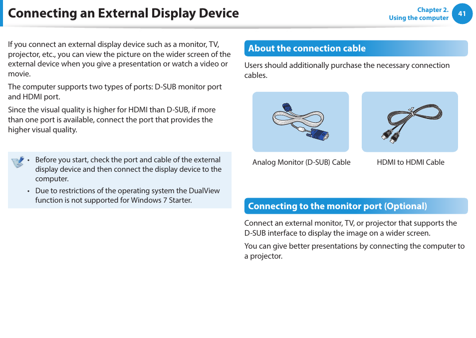 Connecting an external display device | Samsung NP470R5E-K02UB User Manual | Page 42 / 120