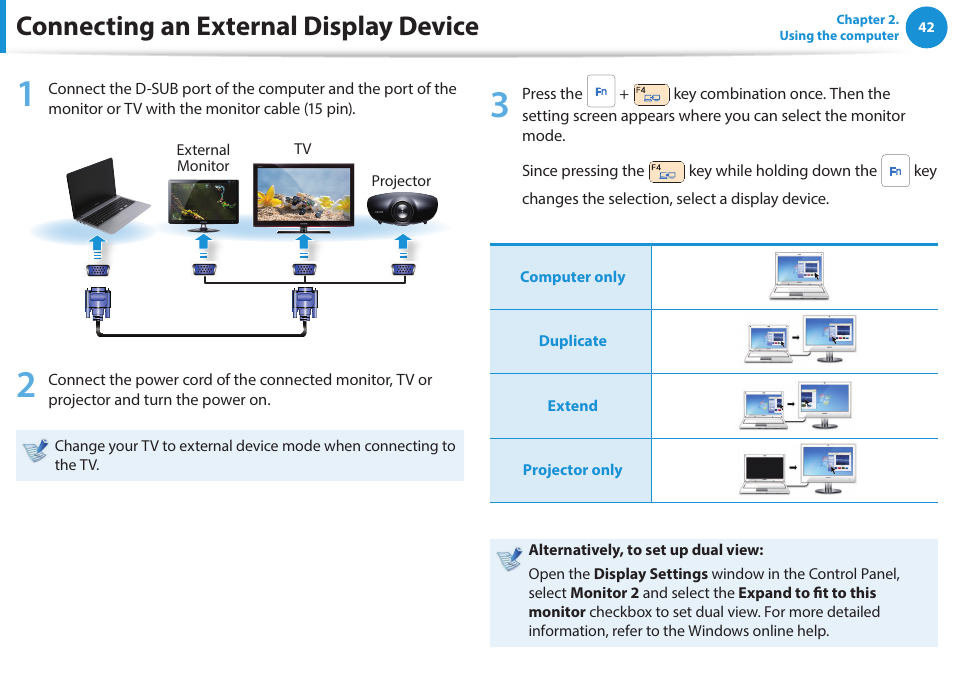 Connecting an external display device | Samsung NP470R5E-K02UB User Manual | Page 43 / 120