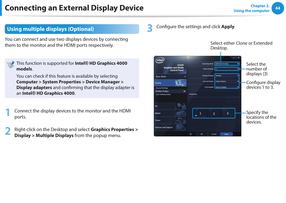 Connecting an external display device | Samsung NP470R5E-K02UB User Manual | Page 45 / 120
