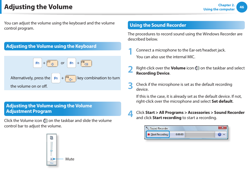 Adjusting the volume | Samsung NP470R5E-K02UB User Manual | Page 47 / 120