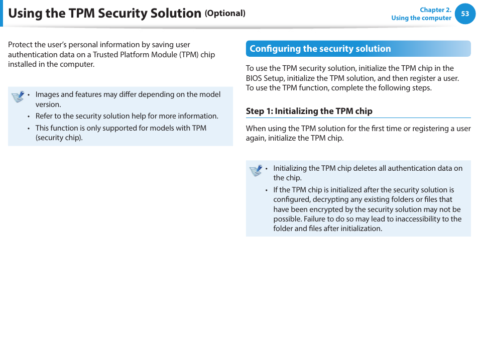 Using the tpm security solution (optional), Using the tpm security solution | Samsung NP470R5E-K02UB User Manual | Page 54 / 120