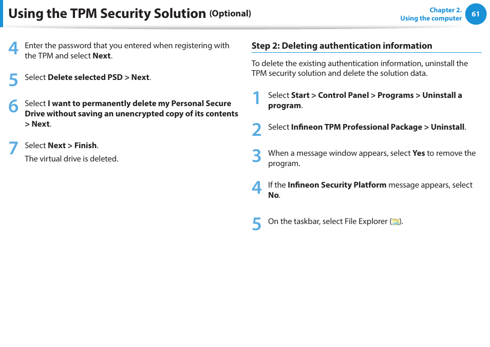 Using the tpm security solution | Samsung NP470R5E-K02UB User Manual | Page 62 / 120