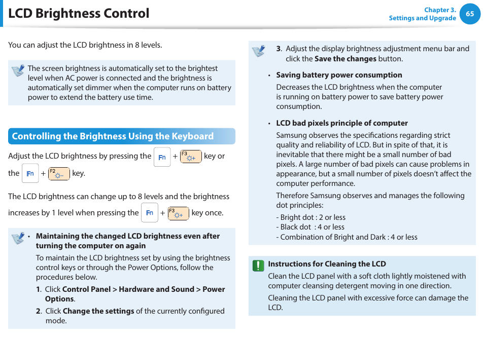 Lcd brightness control, Controlling the brightness using the keyboard | Samsung NP470R5E-K02UB User Manual | Page 66 / 120