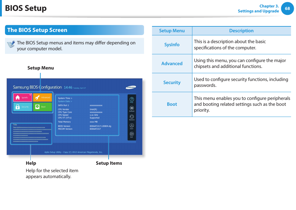 Bios setup, The bios setup screen | Samsung NP470R5E-K02UB User Manual | Page 69 / 120