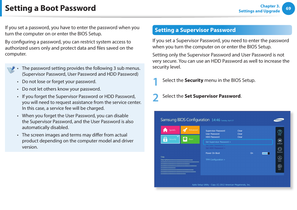 Setting a boot password, Setting a supervisor password | Samsung NP470R5E-K02UB User Manual | Page 70 / 120