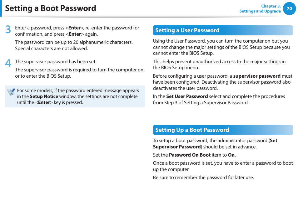 Setting a boot password | Samsung NP470R5E-K02UB User Manual | Page 71 / 120