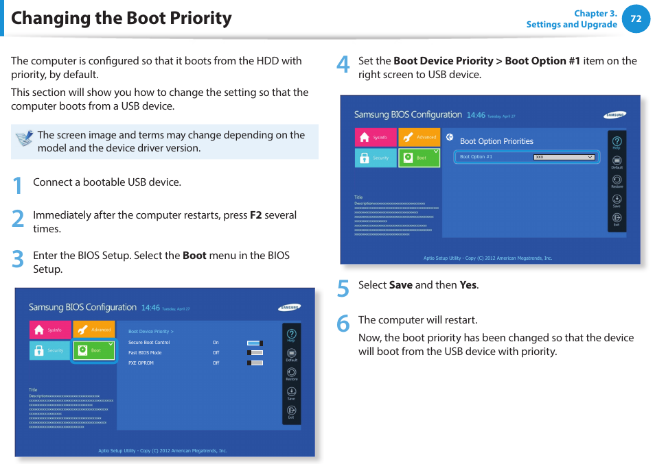 Changing the boot priority | Samsung NP470R5E-K02UB User Manual | Page 73 / 120
