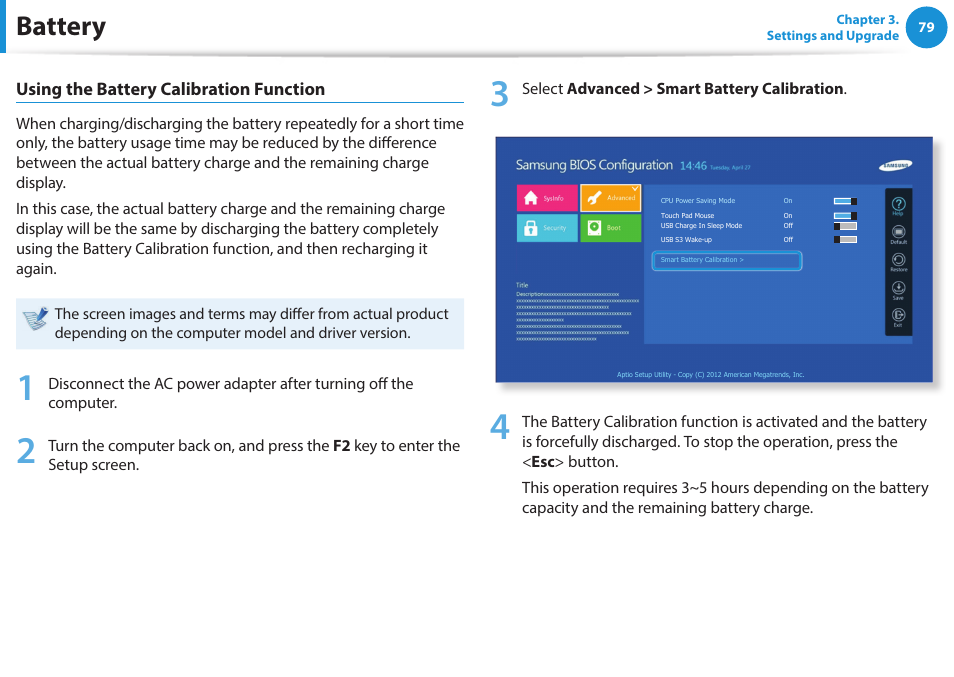Battery, Using the battery calibration function | Samsung NP470R5E-K02UB User Manual | Page 80 / 120