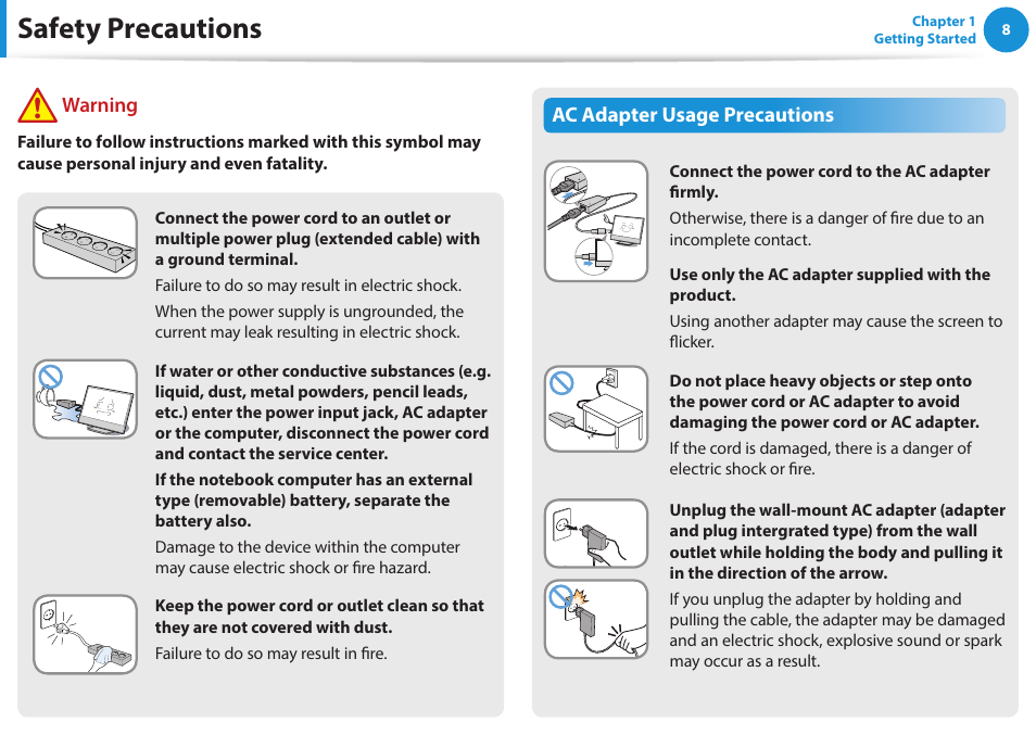 Safety precautions, Ac adapter usage precautions, Warning | Samsung NP470R5E-K02UB User Manual | Page 9 / 120