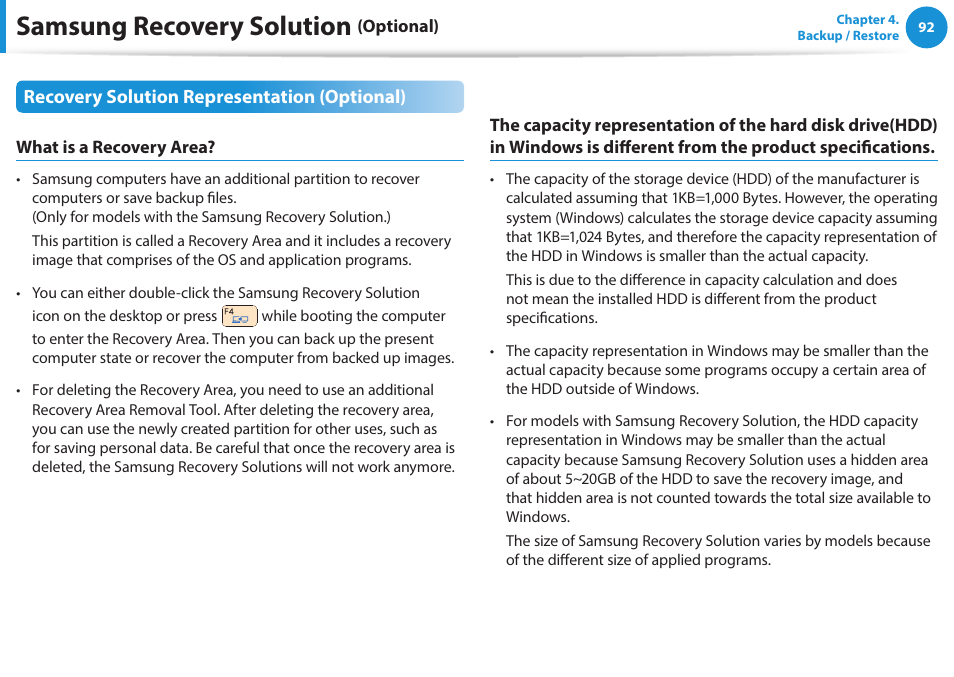 Samsung recovery solution, Recovery solution representation (optional) | Samsung NP470R5E-K02UB User Manual | Page 93 / 120