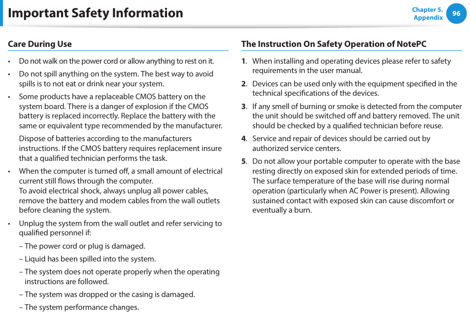 Important safety information | Samsung NP470R5E-K02UB User Manual | Page 97 / 120