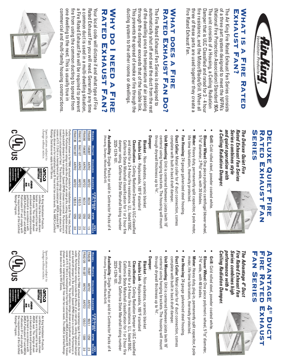 Why do i need a fire rated exhaust fan, What is a fire rated exhaust fan, What does a fire rated exhaust fan do | Deluxe quiet fire rated exhaust fan series, Advantage 4" duct fire rated exhaust fan series, Cu s | Air King FRAS120 User Manual | Page 2 / 2