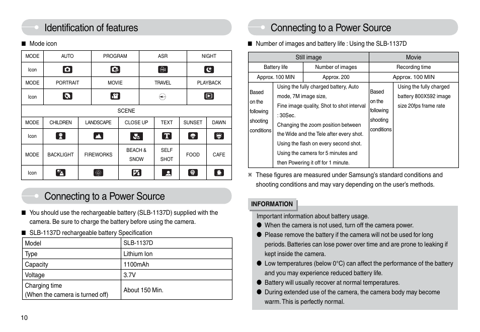 Identification of features, Connecting to a power source | Samsung L74 User Manual | Page 11 / 98