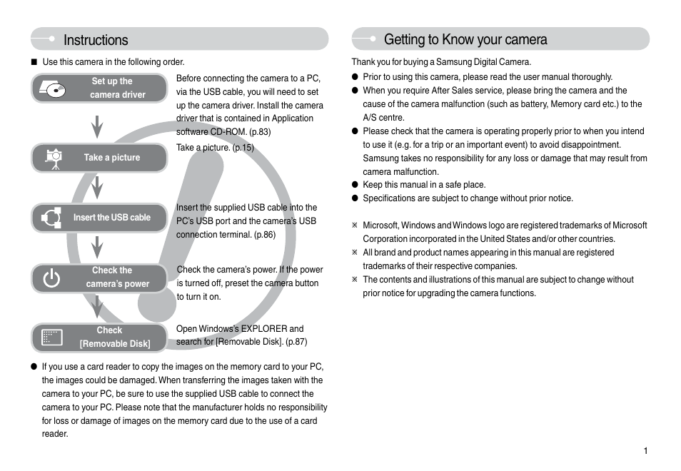 Instructions, Getting to know your camera | Samsung L74 User Manual | Page 2 / 98