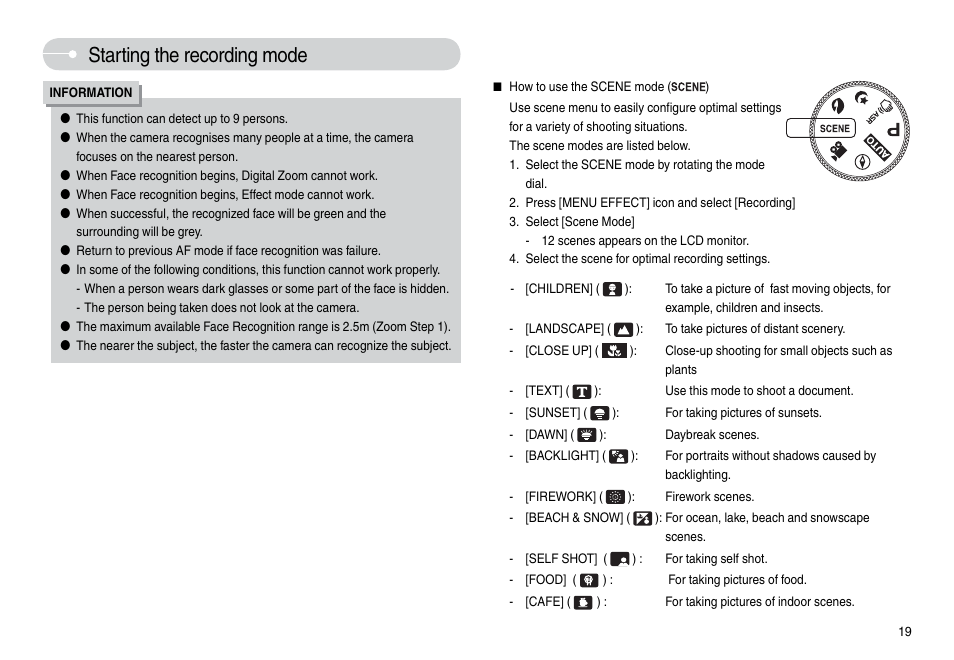 Starting the recording mode | Samsung L74 User Manual | Page 20 / 98