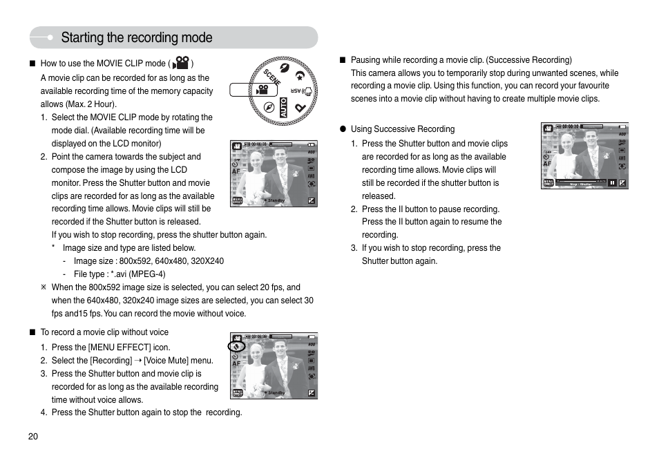 Starting the recording mode | Samsung L74 User Manual | Page 21 / 98