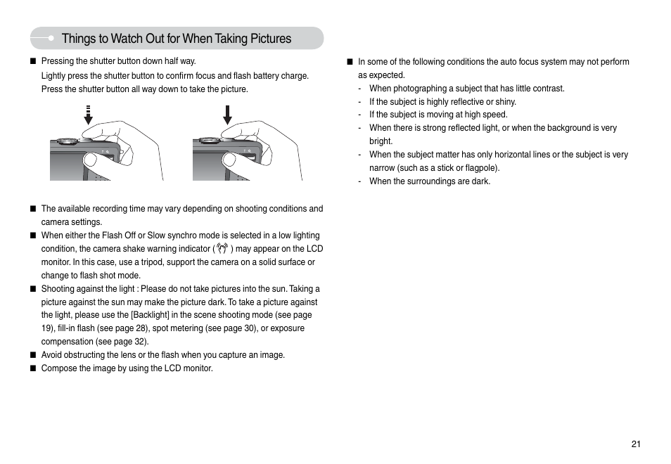 Things to watch out for when taking pictures | Samsung L74 User Manual | Page 22 / 98