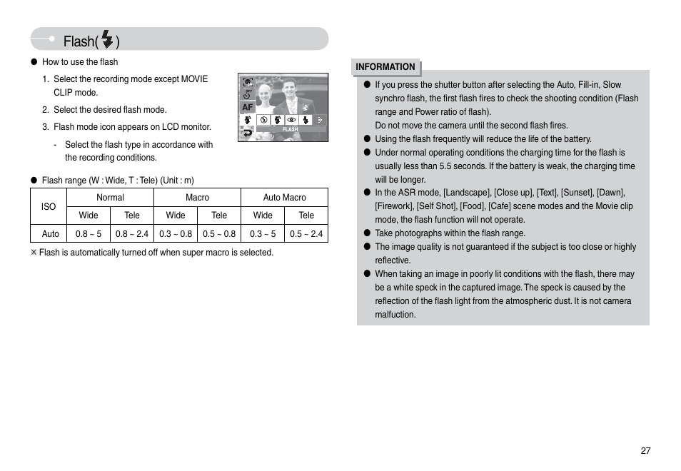 Flash( ) | Samsung L74 User Manual | Page 28 / 98