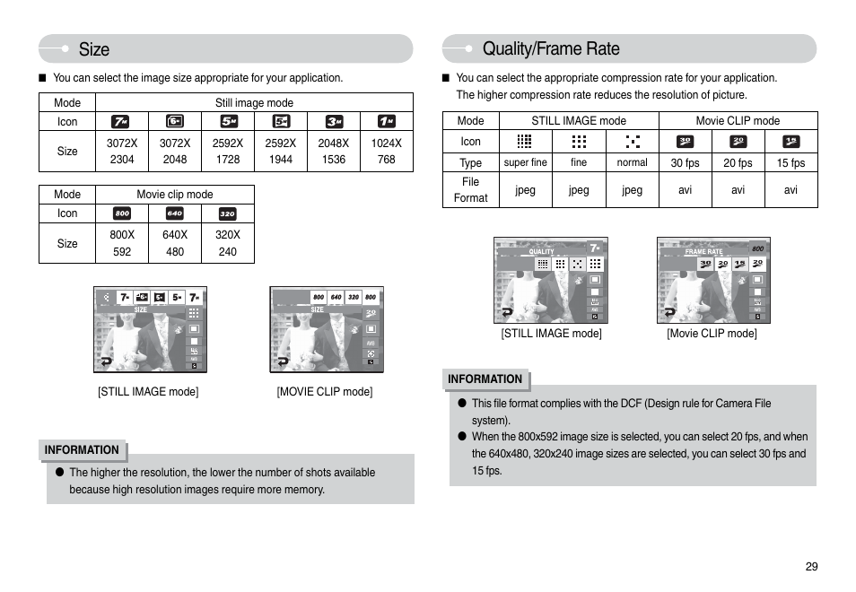 Size, Quality/frame rate | Samsung L74 User Manual | Page 30 / 98