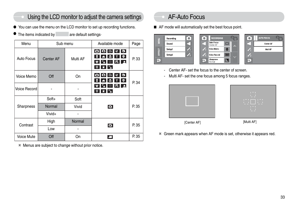 Af-auto focus | Samsung L74 User Manual | Page 34 / 98