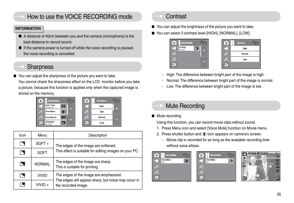 How to use the voice recording mode, Sharpness, Contrast | Mute recording | Samsung L74 User Manual | Page 36 / 98