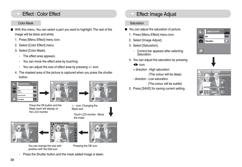 Effect : color effect, Effect: image adjust | Samsung L74 User Manual | Page 39 / 98
