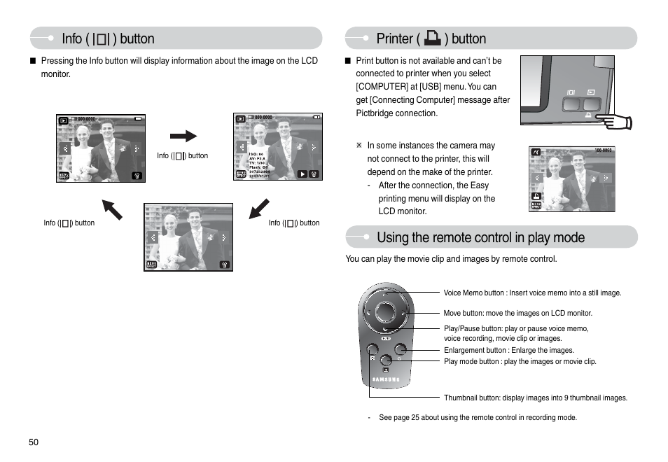 Info ( ) button, Printer ( ) button, Using the remote control in play mode | Samsung L74 User Manual | Page 51 / 98