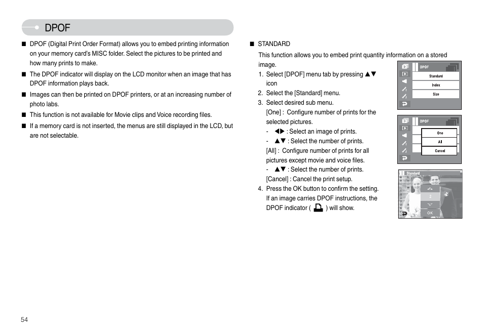 Dpof | Samsung L74 User Manual | Page 55 / 98