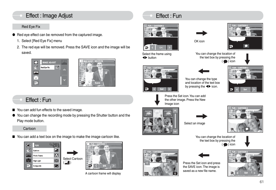 Effect : image adjust effect : fun, Effect : fun | Samsung L74 User Manual | Page 62 / 98