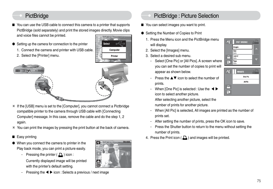 Pictbridge, Pictbridge : picture selection | Samsung L74 User Manual | Page 76 / 98