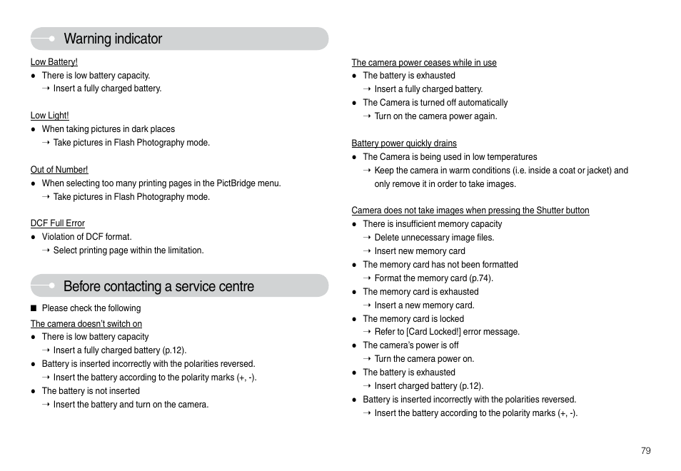 Before contacting a service centre, Warning indicator | Samsung L74 User Manual | Page 80 / 98