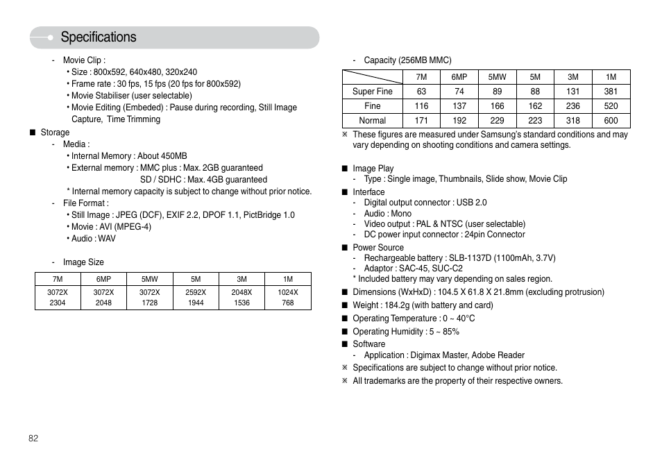 Specifications | Samsung L74 User Manual | Page 83 / 98