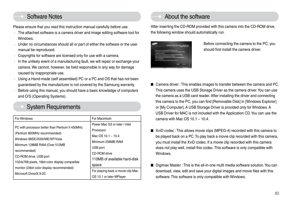 System requirements, About the software | Samsung L74 User Manual | Page 84 / 98