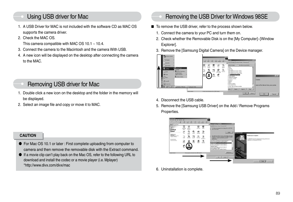 Using usb driver for mac, Removing the usb driver for windows 98se, Removing usb driver for mac | Samsung L74 User Manual | Page 90 / 98
