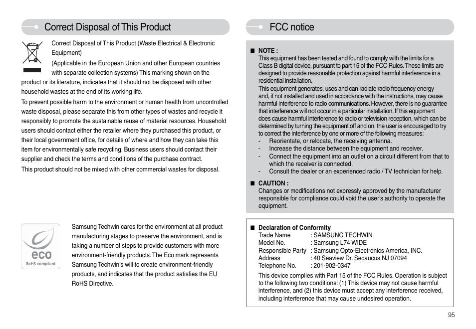 Correct disposal of this product, Fcc notice | Samsung L74 User Manual | Page 96 / 98