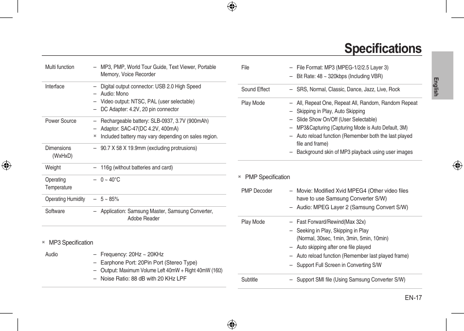 Speciﬁcations | Samsung i8 User Manual | Page 17 / 56